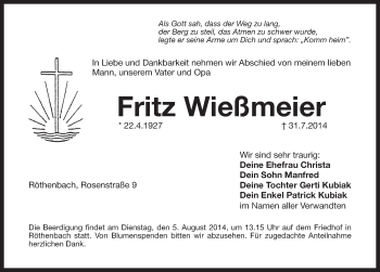 Traueranzeige von Fritz Wießmeier von Pegnitz-Zeitung